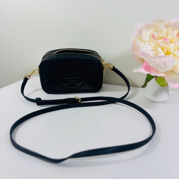 Tory Burch Purse Black Perry Bombe Mini Bag Pebbled Leather Crossbody Gold - Picture 9 of 9